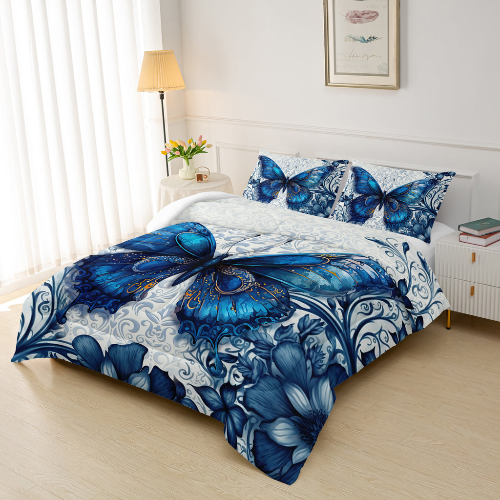 1 Set Blue Butterfly Comforter Set - Soft & Cozy Polyester Microfiber Bedding with 1 Comforter and 2 Pillowcases, Machine Washable, Digital Print, Woven Sanded Fabric, 95gsm - Elegant Room & Bedroom Decor