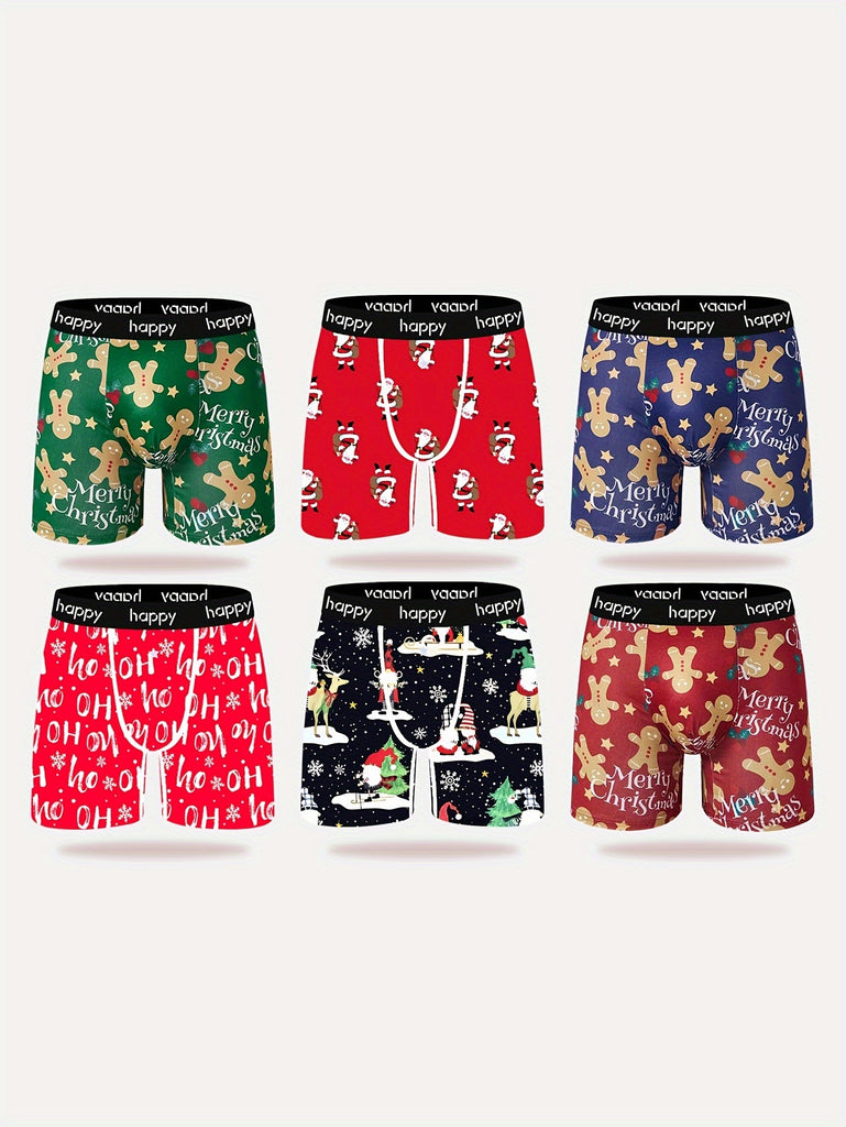 6-Pack Men'S Christmas Print Long John Briefs, Polyester 95%, Spandex 5%, Medium Stretch Knit Fabric, Sexy Fit Boxer Briefs with Festive Holiday Patterns