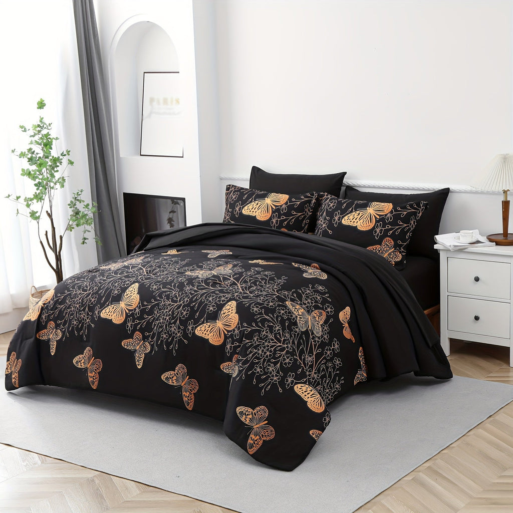 7Pcs Erosebridal Golden Butterfly Print Comforter Set - Stain Resistant, Ultra Soft Microfiber, Lightweight, Woven Bedding With 100% Polyester Fiber Fill - Queen/King Size Bed In A Bag For All Seasons