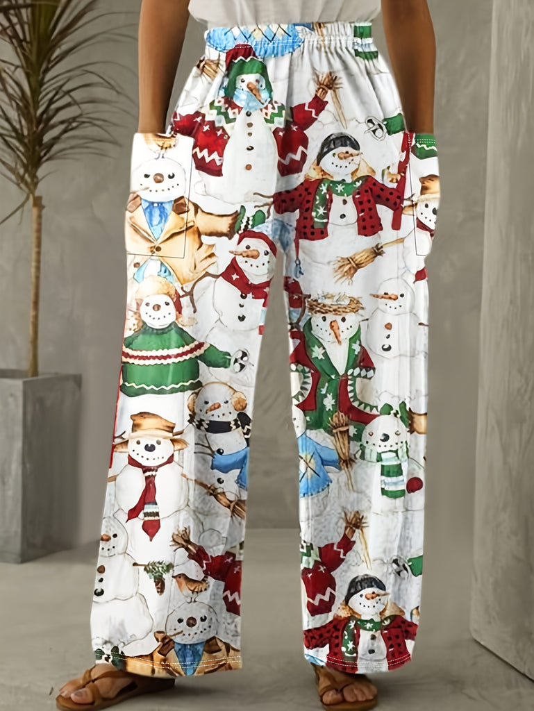 Women's Cute Snowman Christmas Pants with Pockets - Comfy Polyester Blend, Elastic Waistband, Machine Washable