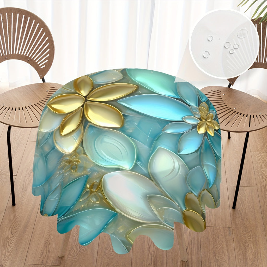 Elegant Golden & Jade Floral Round Tablecloth - Stain & Waterproof, Perfect for Parties, Home Kitchens, and Outdoor Events