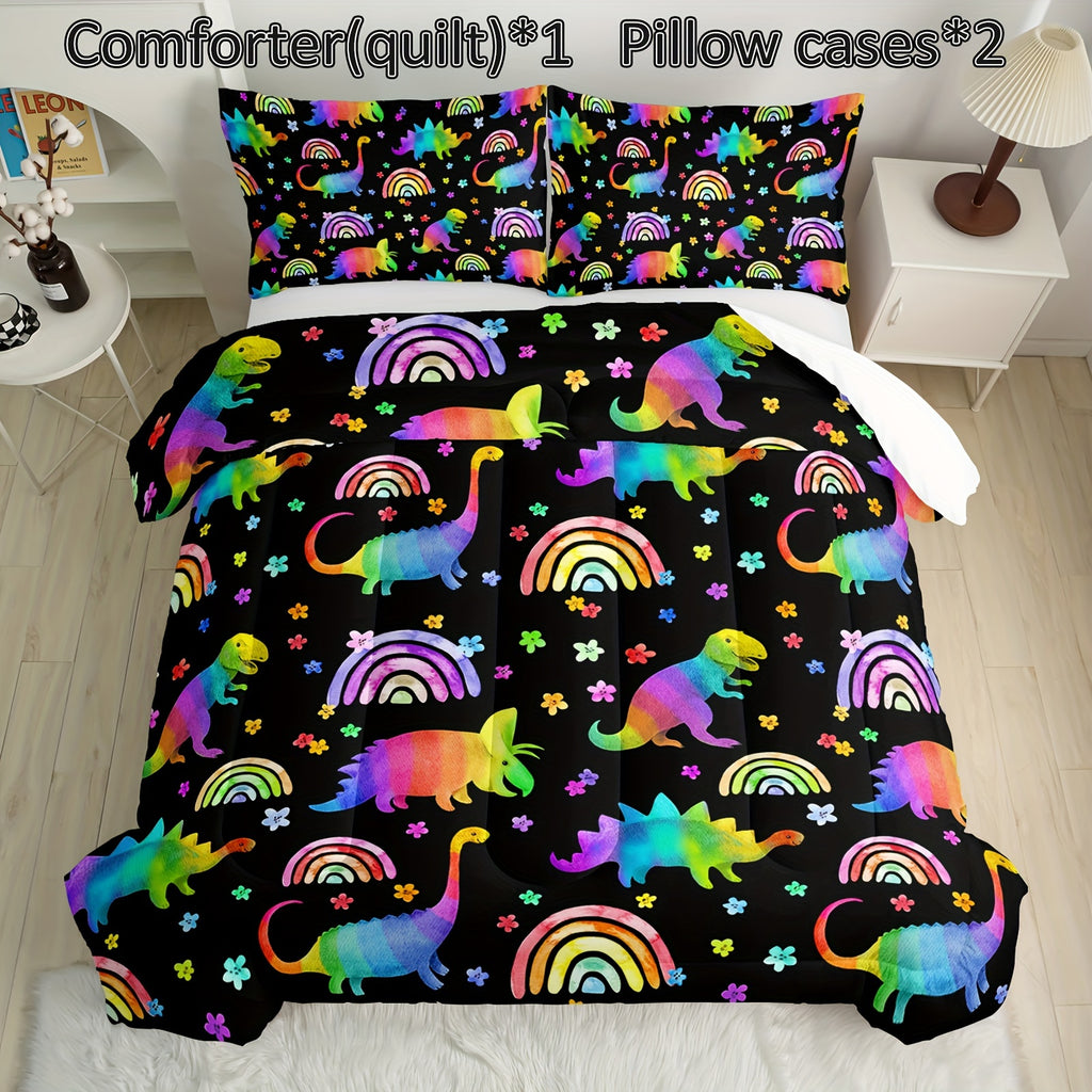 Rainbow Dinosaur Comforter Set Colorful Dino Bedding Set, Cartoon Dinosaur Comforter With 1 Comforter And 2 Pillowcases Ultra-Soft Lightweight