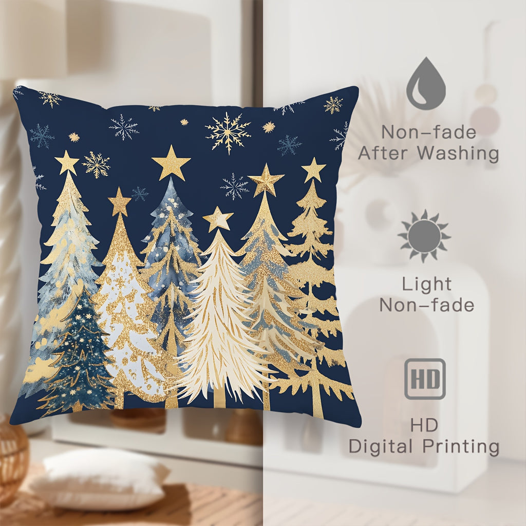 4pcs Set of Festive Velvet Throw Pillow Covers - Christmas Deer, Tree & Snowflake Designs in Blue and Golden - Soft, Cozy Decorative Cushion Cases for Living Room & Bedroom - Machine Washable, Zip Closure, Christmas Decor