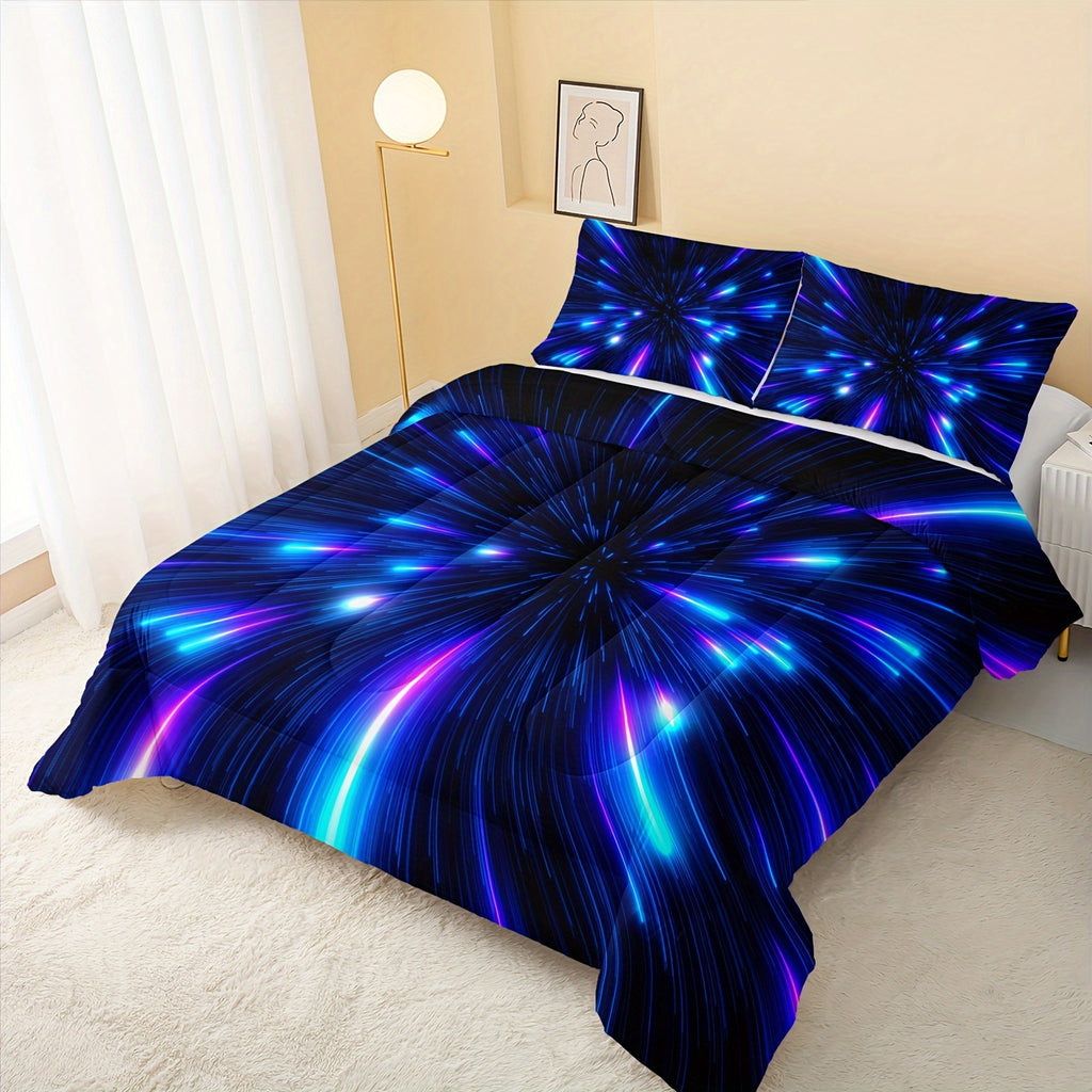 Abstract Lines 3D Quilt Set, Stars Meteor Galaxy Bed Comforter Set, Blue Bedding Set, Soft Lightweight Bed Comforter Set, 1 Comforter And 2 Pillowcases