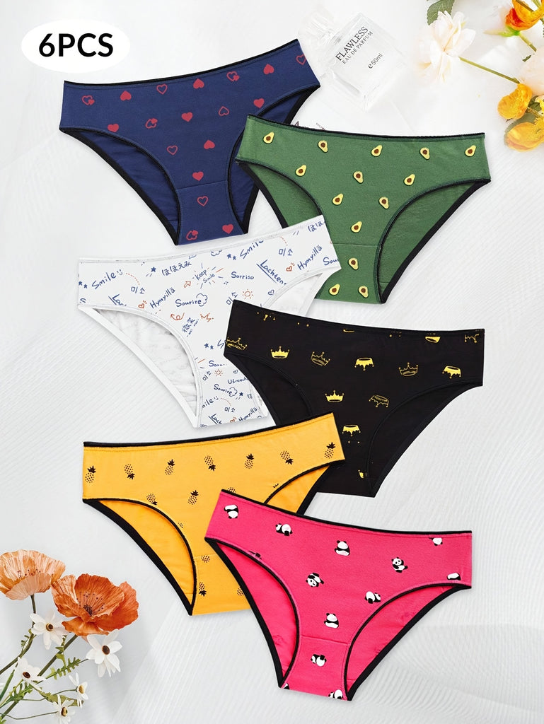 6pcs Breathable Cute Cartoon Print Panties, Comfy Women's Lingerie & Underwear