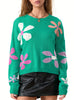 Women's Casual Floral Print Sweaters Long Sleeve Crew Neckline Drop Shoulder Loose Knit Pullover Tops