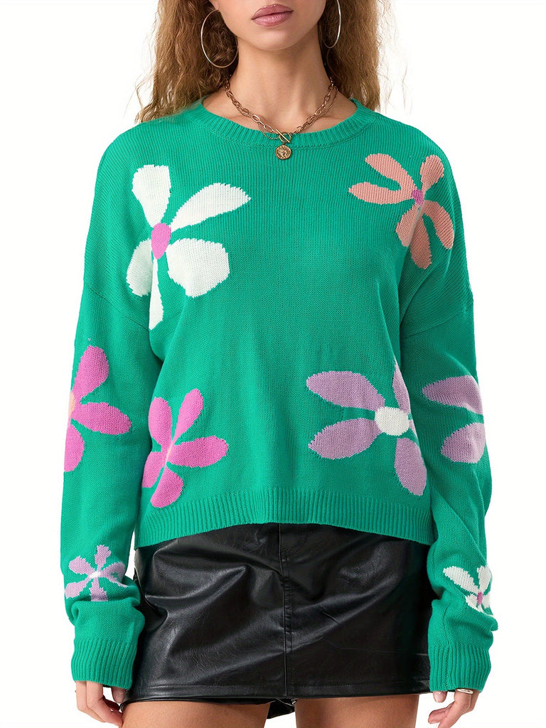 Women's Casual Floral Print Sweaters Long Sleeve Crew Neckline Drop Shoulder Loose Knit Pullover Tops