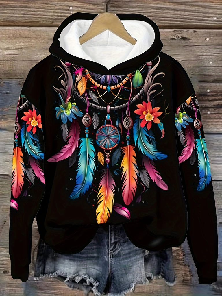 Feather Print Hoodie, Casual Long Sleeve Hooded Sweatshirt For Spring & Fall, Women's Clothing