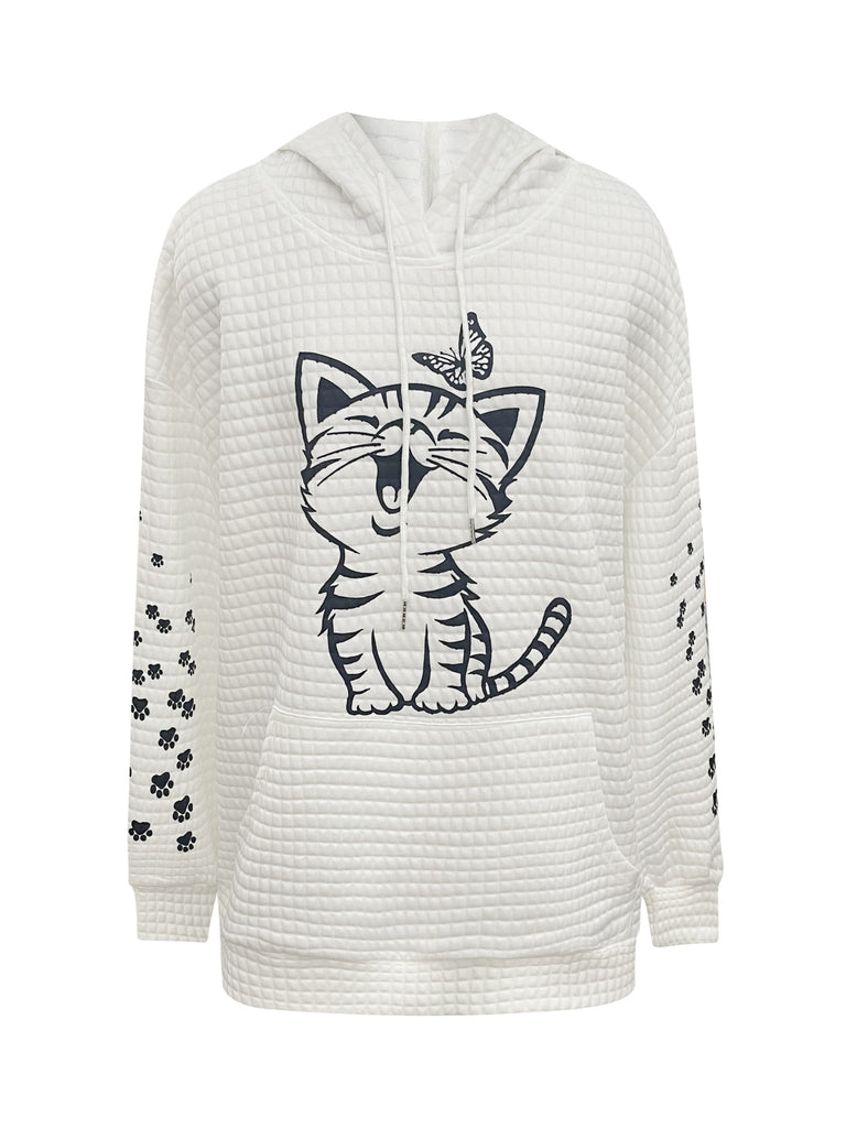 Plus Size Cartoon Cat Print Hoodie, Casual Long Sleeve Pocket Drawstring Hoodies, Women's Plus Size Clothing