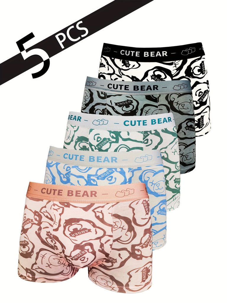 5pcs Men's Cotton Boxer Briefs - Breathable, Comfort Fit with Cute Bear Design, Multicolor Set