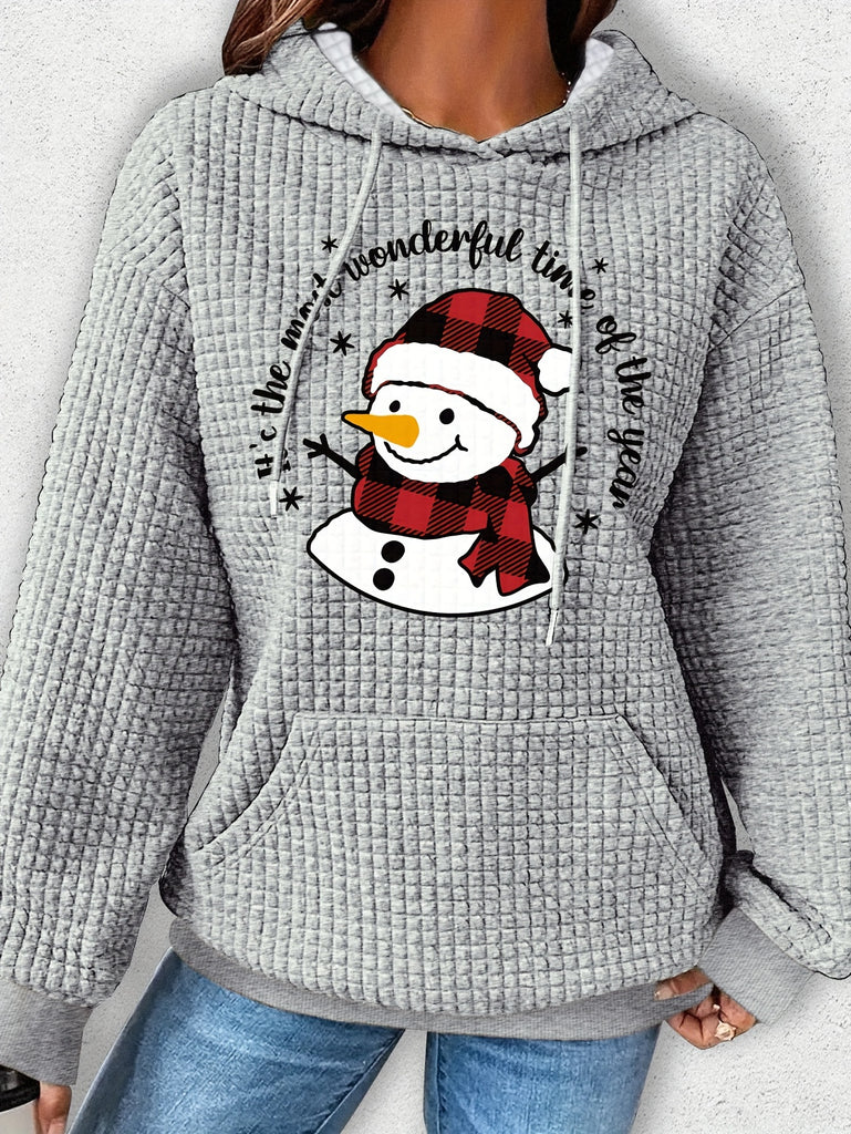 Snowman Print Hoodie, Print Waffle Hoodie, Drawstring Kangaroo Pocket Casual Hooded Sweatshirt For Winter & Fall, Women's Clothing