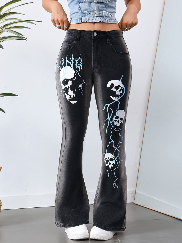 Women's Retro Skull Print Flare Jeans - Stretch Denim, Machine Washable, Perfect for Casual Wear