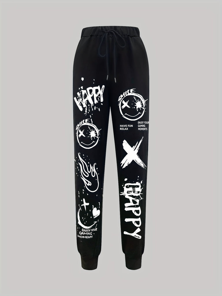 Chic Cartoon Print Women's Joggers - Casual Drawstring, Stretchy Polyester Blend, Machine Washable - Perfect for Spring & Fall