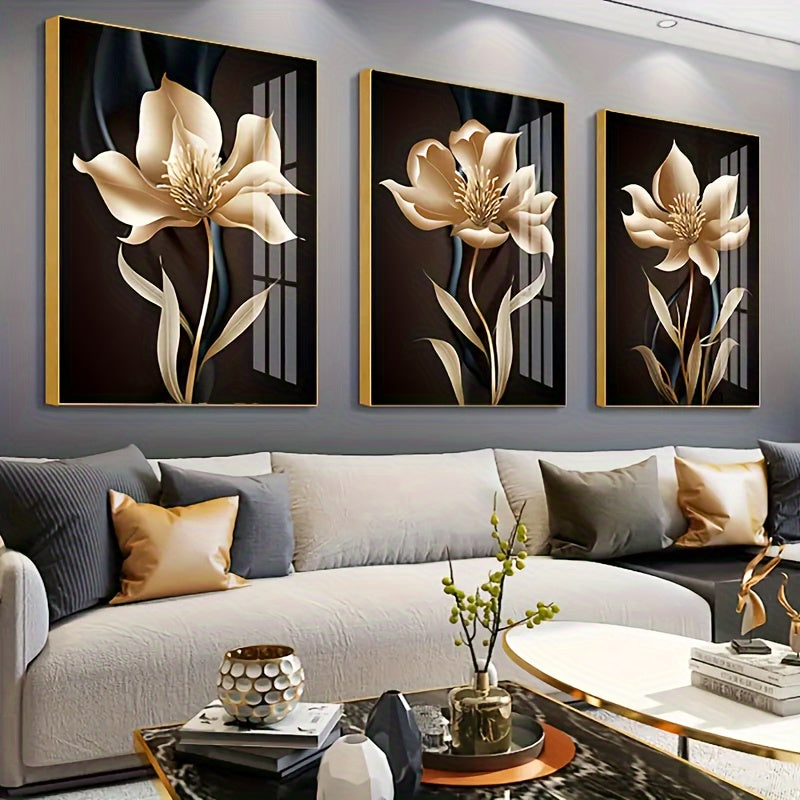 Modern Glam Style Painting - Golden Flowers on Black & White Background - Framed Wall Art Pictures - Set of 3 - Perfect for Living Room, Bedroom, Aisle Decor - Gift for Art Lovers