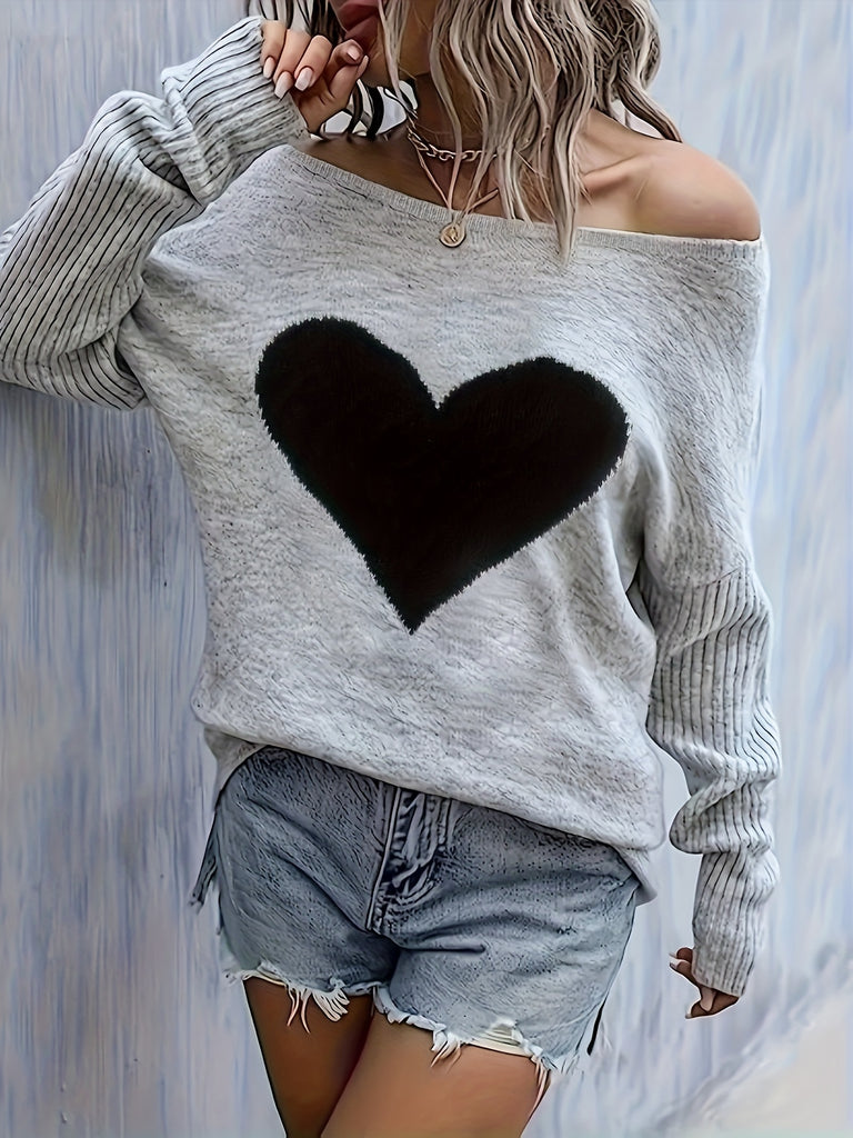 Heart Pattern Drop Shoulder Long Sleeve Sweater for Women, Casual Fall & Winter Cozy Knitwear