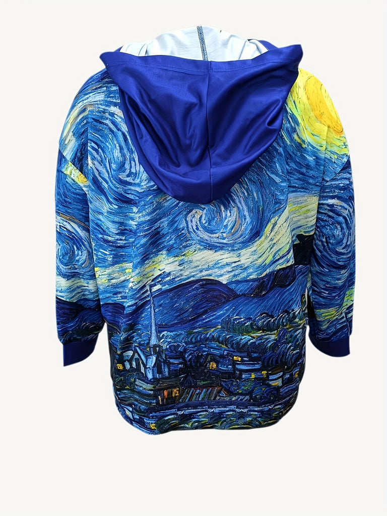 Plus Size Casual Sweatshirt, Women's Plus Painting Print Long Sleeve Drawstring Hoodie With Pockets