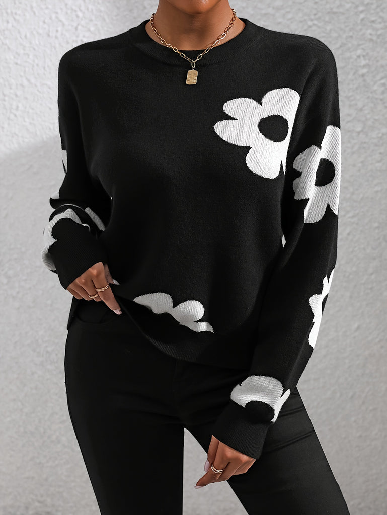 Floral Pattern Crew Neck Sweater, Casual Long Sleeve Sweater For Fall & Winter, Women's Clothing