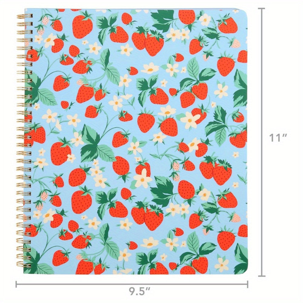 Strawberry-Themed Large Spiral Notebook with Pockets, 11x9", 160 Lined Pages - Perfect for Journaling & Office Supplies