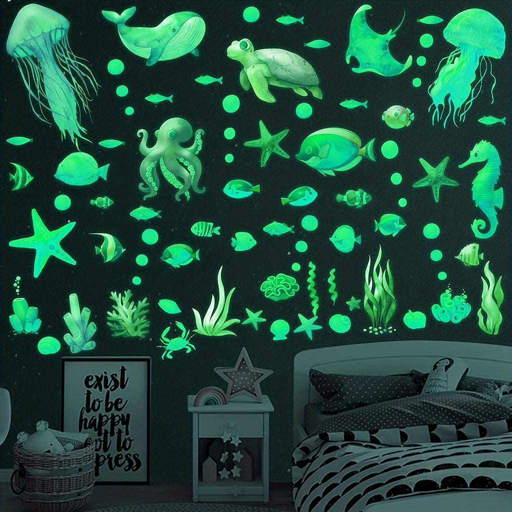 85pcs Glow in the Dark Ocean Fish Wall Decals - Durable Waterproof Peel & Stick Stickers with Mesmerizing Glow Effect - Suitable for Rooms, Bathrooms, and More!