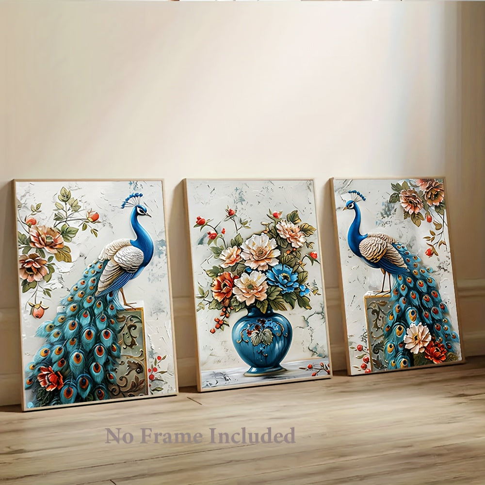 3 Piece Canvas Wall Art Set - Peacock with Floral Vase Print - Unframed High-Quality Canvas Painting - Frameless Wall Decoration for Living Room, Bedroom, Office, Cafe - Peacock Theme Wall Decor 24x16 inches