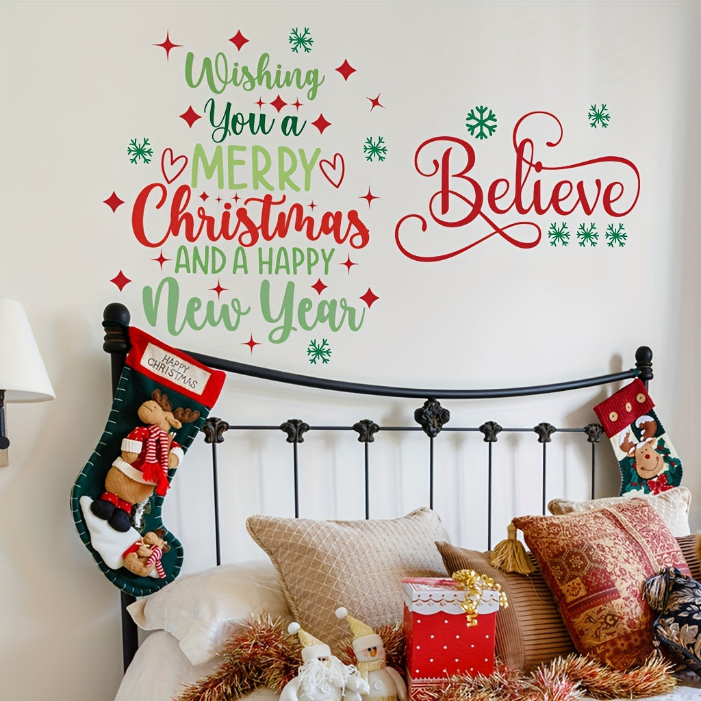 Happy New Year & Believe Quote Christmas Wall Decals - Removable Tree Stickers for Festive Home & Window Decor, Matte Finish PVC