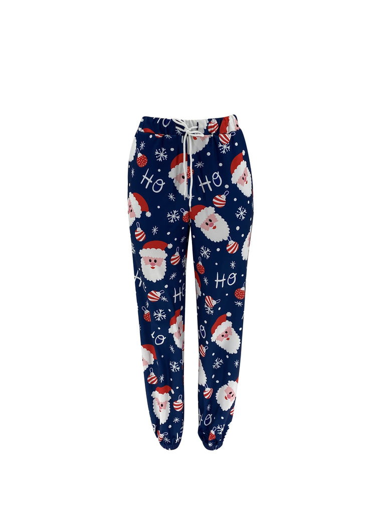 1pc Festive Christmas Print Women'S Casual Jogger Pants, Polyester Knit Fabric, All-Season Long Length Trousers with Pockets, Adult Holiday Santa Claus Pattern Lounge Pants