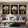 Modern Glam Style Painting - Golden Flowers on Black & White Background - Framed Wall Art Pictures - Set of 3 - Perfect for Living Room, Bedroom, Aisle Decor - Gift for Art Lovers