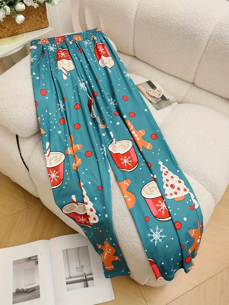 Women's Comfy Christmas Print Lounge Pants with Pockets - Elastic Waist, Loose-Fit Polyester & Spandex Blend, Machine Washable, Non-See-Through - Perfect for Spring/Summer/Fall