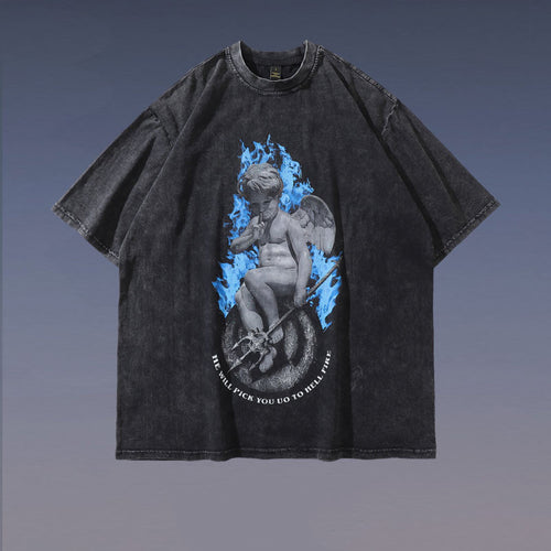 TKPA American Style Hip Hop Retro Washed And Worn Angel Print Short Sleeve