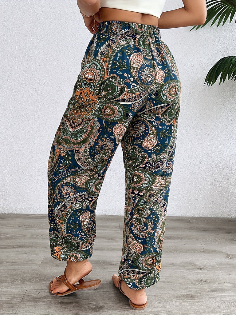 Paisley Print Fitted Bottom Joggers, Casual High Waist Pants For Spring & Summer, Women's Clothing