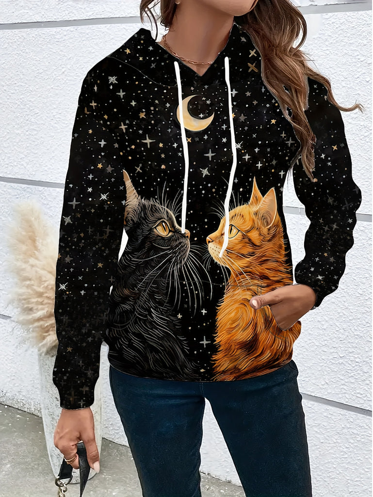 Women'S Casual Fashion Cat Print Long Sleeve Hooded Sweatshirt, Polyester Knit Fabric, Regular Fit Pullover with Slight Stretch, with Drawstring Hood for Spring/Fall