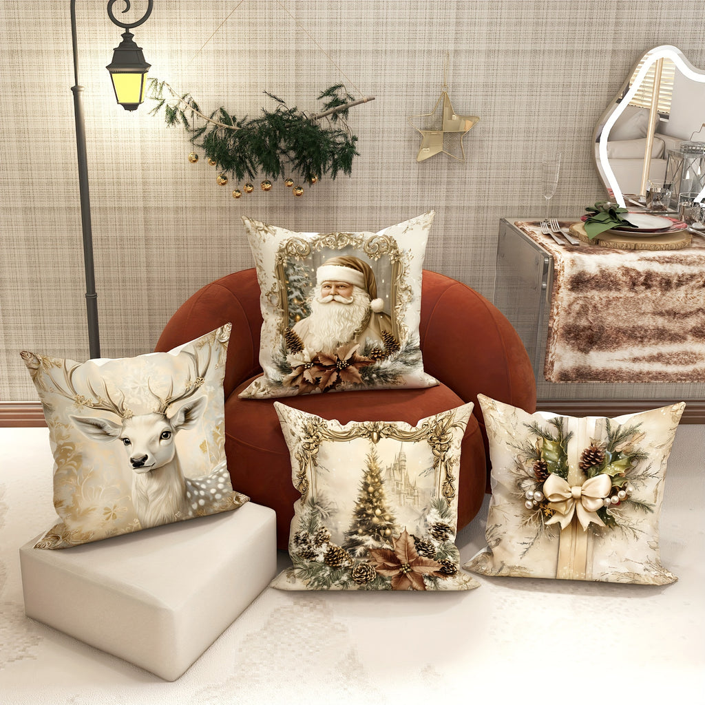 Santa pillow covers - Velvet Christmas Santa Deer Tree Throw Pillow Covers - Vintage Golden White - Deck Your Halls in Cozy Cheer