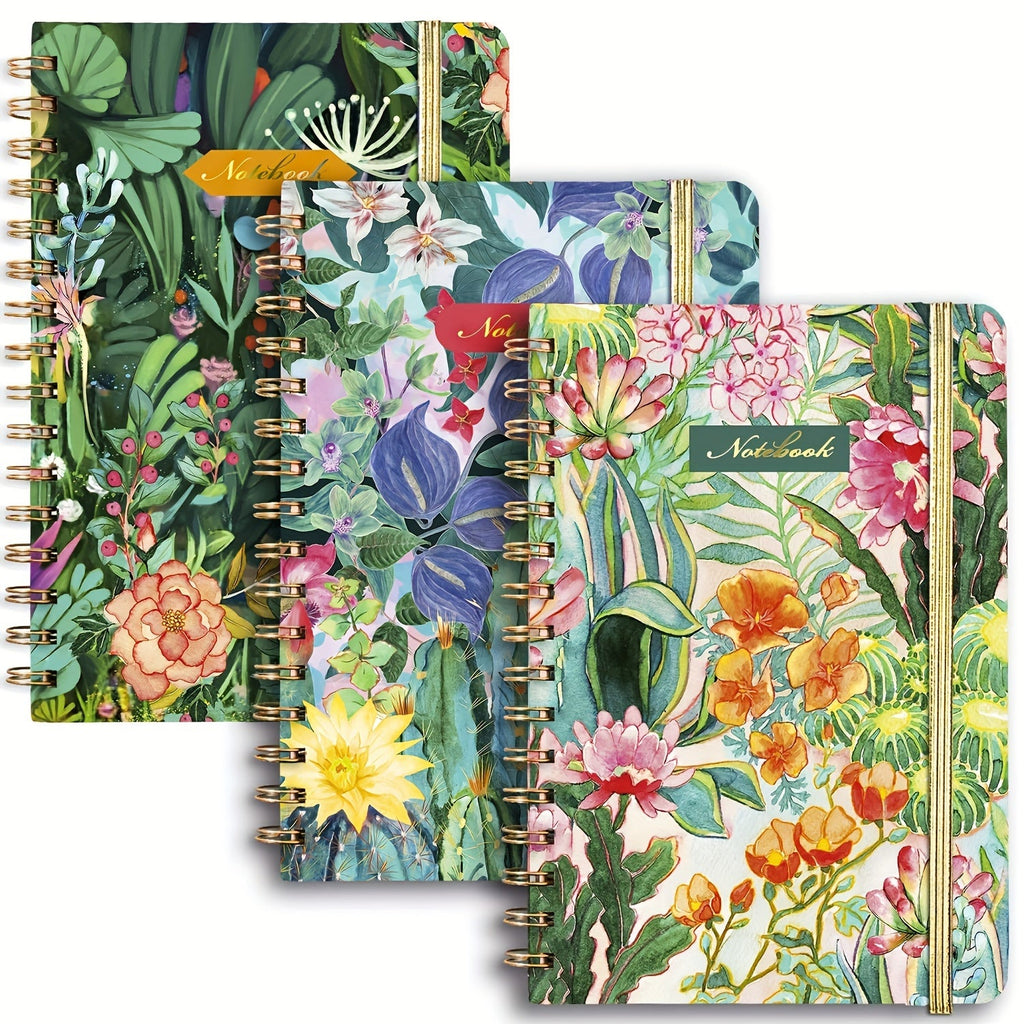 3 Color Spiral Notebooks for Women: College Ruled, 160 Pages, 6"x8.5", 3 Floral Designs, Back Pocket, Perfect for Gifts or Office Supplies
