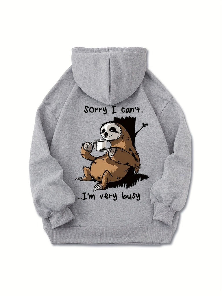 Sloth Print Drawstring Kangaroo Pocket Hoodie, Long Sleeve Pullover Sports Hooded Sweatshirt, Women's Activewear