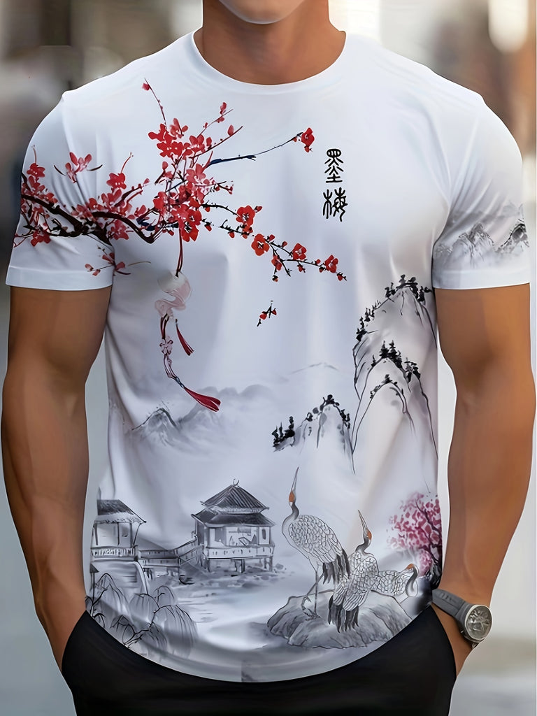 Men's Casual Short Sleeve T-Shirt, Traditional Ink Painting Design, Breathable And Fashionable Summer Top With Stylish Landscape And Red Blossom Print