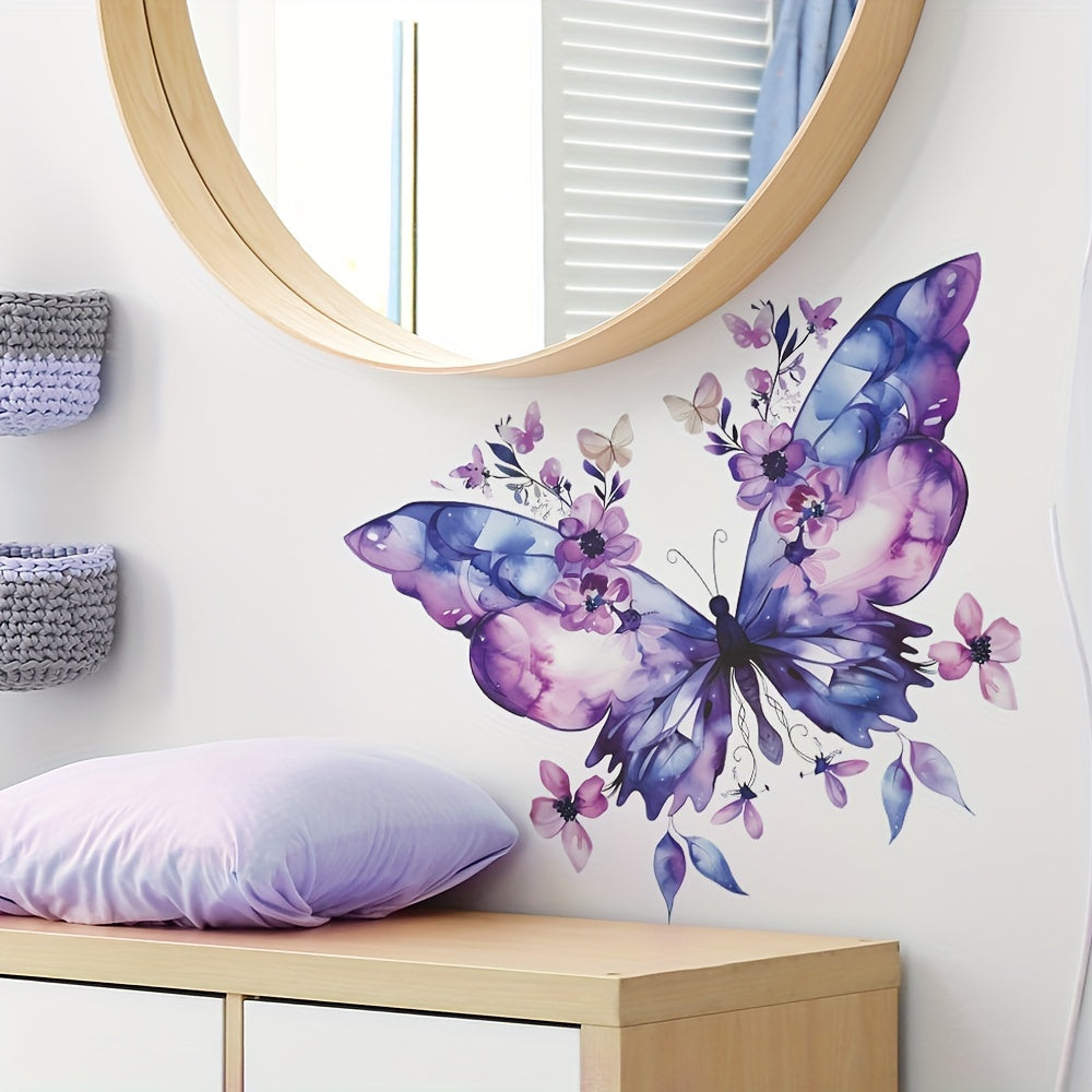 Purple Butterfly Floral Wall Decal Sticker, PVC Material, Removable and Decorative for Bedroom and Living Room