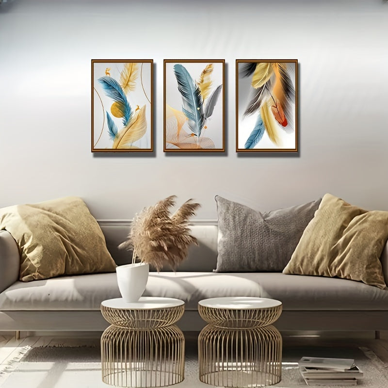 3-Piece Framed Feather Wall Art Canvas Prints, Modern Abstract Posters for Living Room, Bedroom, Office, Restaurant, Bathroom, Nursery, Home Decor, Horizontal Feather Oil Paintings, 16x24 inches.