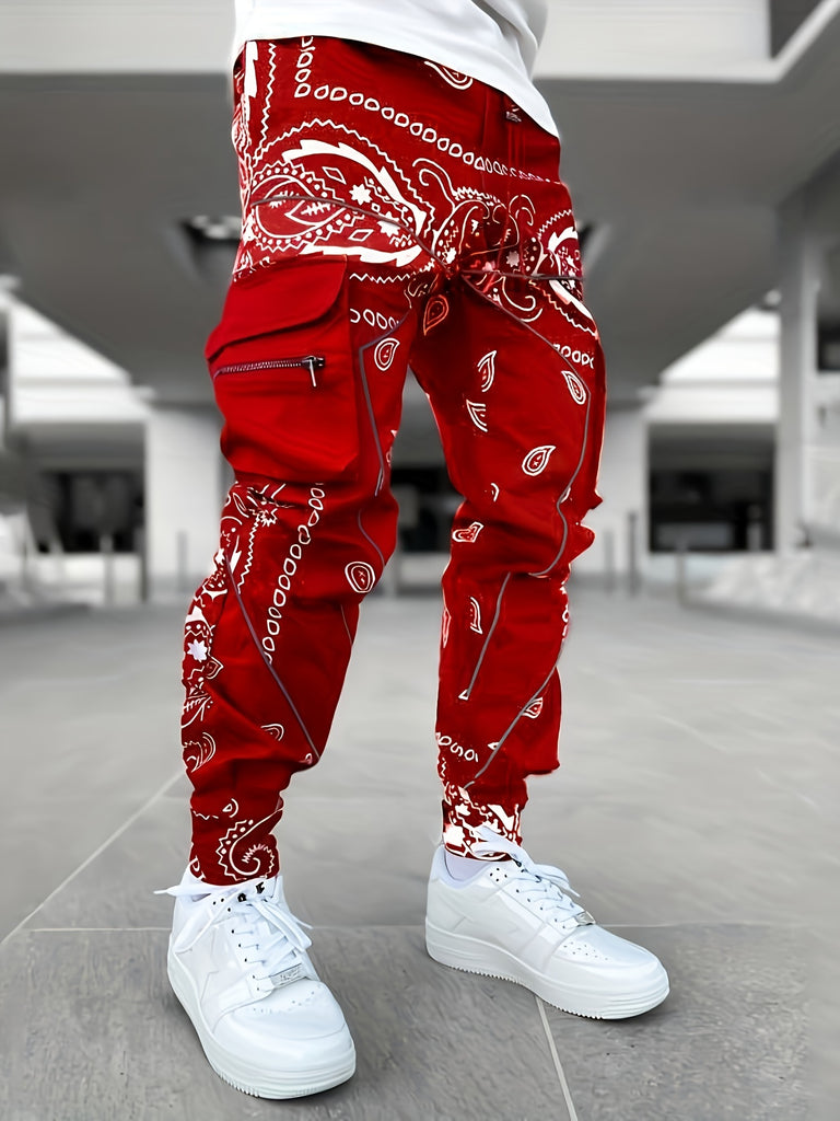 Men's Paisley Pattern Multi Pocket Joggers, Casual Sports Pants For Fitness