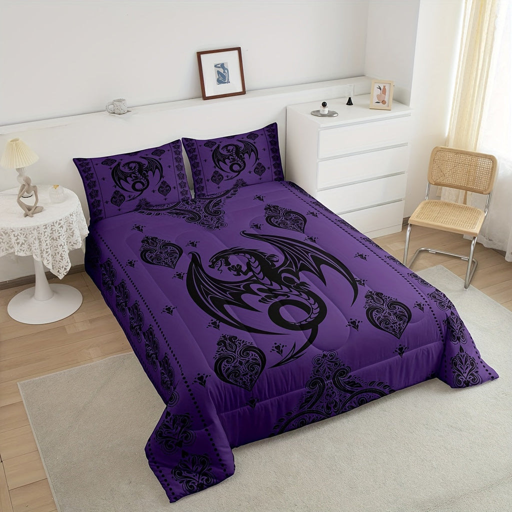 Purple Black Dragon Comforter Set Queen Size, Vintage Boho Floral Print Bedding Set 3Pcs, Paisley Pattern Quilt Set For Women Men Adults Room Decor Exotic Trippy Duvet Insert, 2 Pillowcases Fashionable And Comfortable Home Products