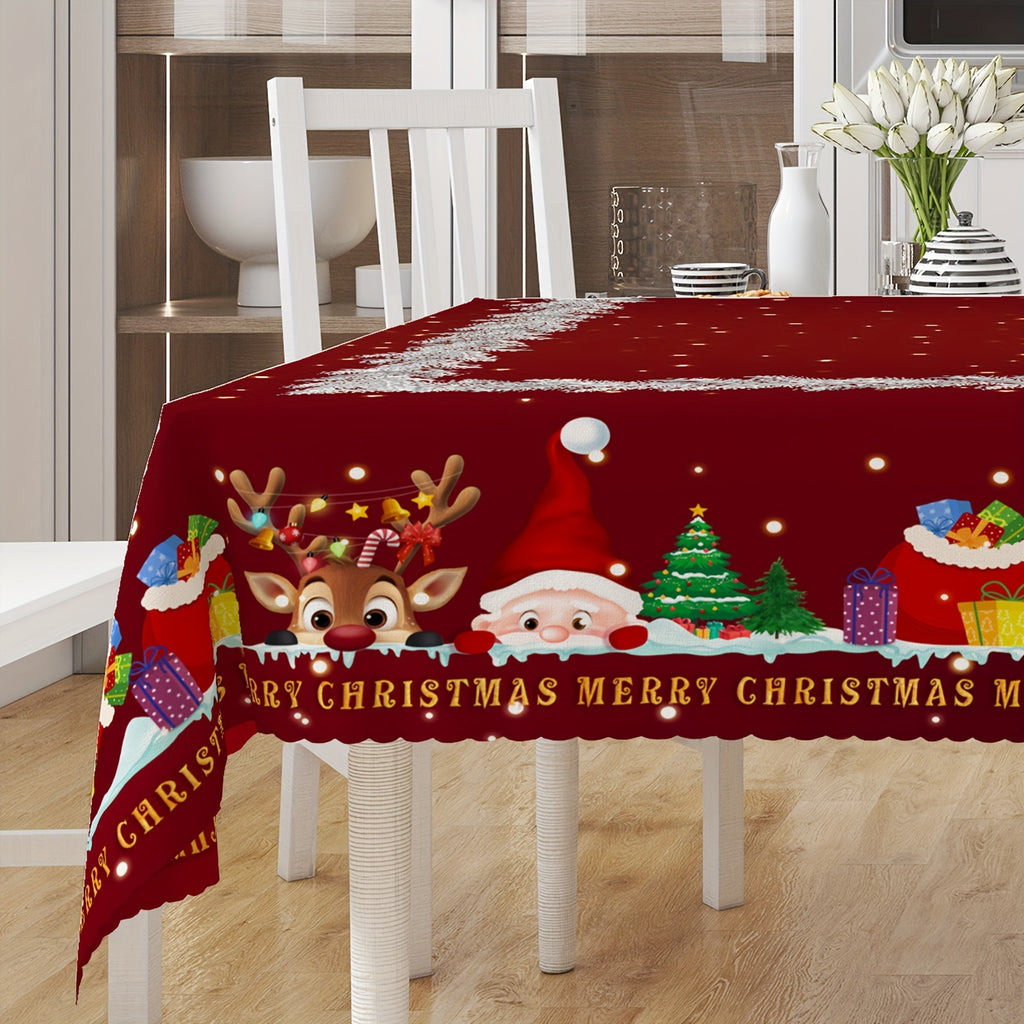 Christmas Cheer Tablecloth - Cute Reindeer & Santa Design, Snowflake & Pine Patterns with Embossed Edges, Stain-Resistant Polyester, Perfect for Holiday Parties, Home Decor, and Outdoor Picnics Holiday Decorations