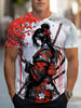 Stylish Samurai Print Short Sleeve T-shirt, Men's Trendy Crew Neck Top For Summer Sport & Casual Wear