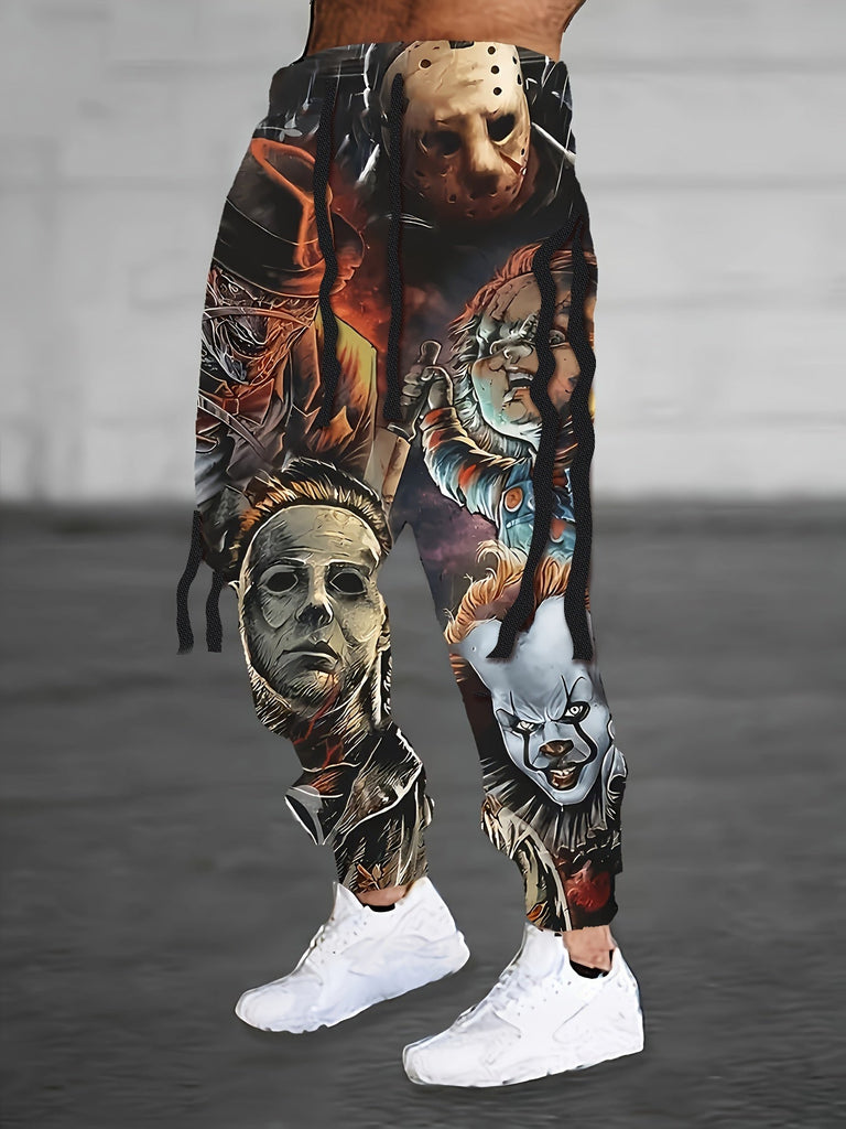1pc Men's Vintage Horror Movie Print Polyester Sweatpants with Pockets - Knit Fabric Casual Athletic Pants, Regular Fit, All-Season Adult Joggers - For Men - Suitable for Casual Wear, Sports & Loungewear - Great Gift for Movie Buffs & Casual Fashion Lover