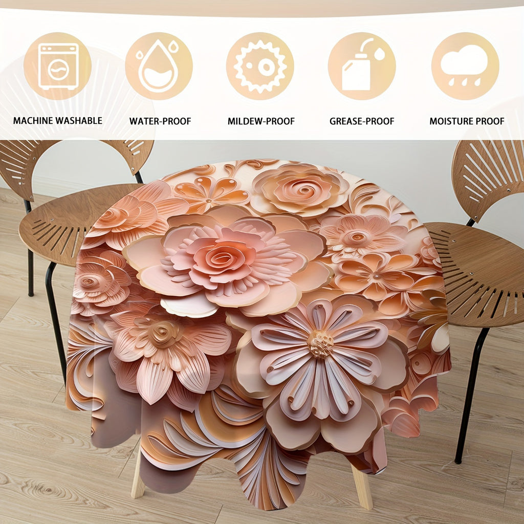 Polyester Round Tablecloth - 3D Floral Print - Stain & Waterproof Pleated Table Cover for Dining, Parties, Banquets & Outdoors - Machine-Woven Decorative Tablecloth