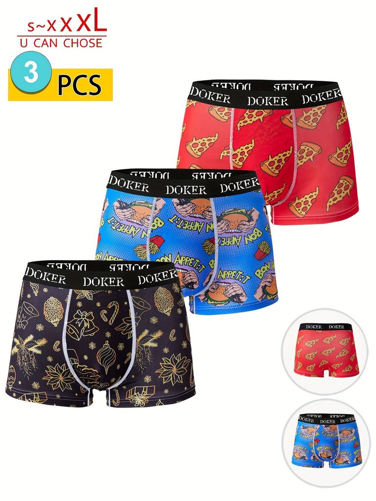 Stylish Multi-color High Quality Series - 3 Pcs Men's Christmas Element Pizza Hamburger Print Stretchy Boxer Briefs - Comfy & Quick- Drying & Breathable Underwear Set