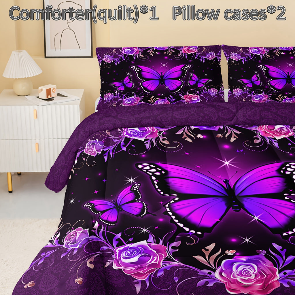 3pcs Butterfly Comforter Set, Purple Flowers Floral Print Bedding Set with 1 Comforter 2 Pillowcases for Women All Season (Without Core)