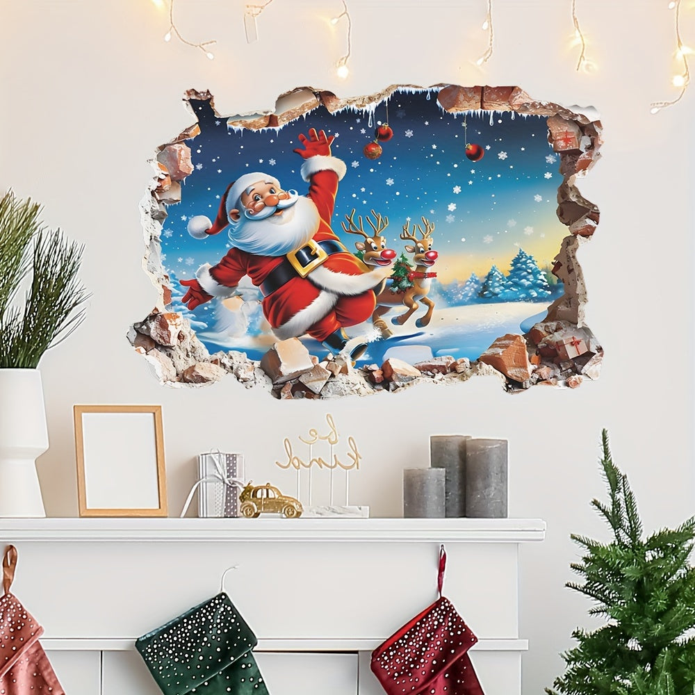 Santa Claus and Reindeer Christmas Wall Decal Sticker, PVC Self-Adhesive Single Use, Cartoon Irregular Shape, for Glass and Smooth Surfaces, 15.7 x 23.6 inches, Festive Decoration for Kitchen, Bedroom, Bathroom - 1pc