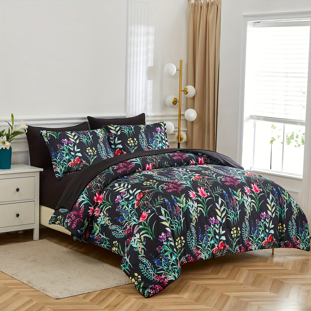 7 Piece Bed In A Bag Floral Comforter Set, Botanical Flowers Comforter And Sheet Set, (Dark Floral, Queen)
