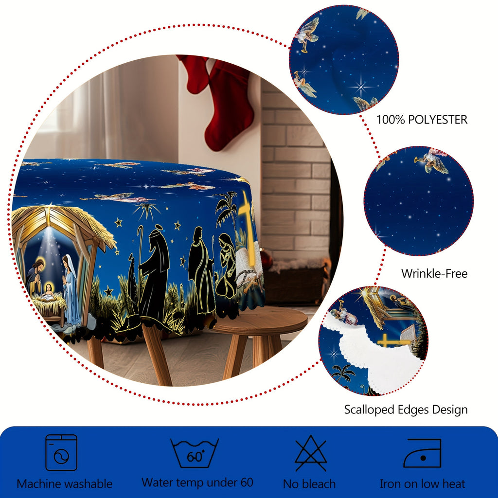 1pc, Christmas-themed tablecloth, Jesus' birth scene tablecloth, Christmas party tablecloth, polyester tablecloth, 4 sizes to choose from, edge embossed, round and rectangular tablecloth, Christmas gift, kitchen accessories, create a festive atmosphere