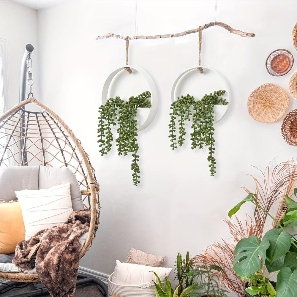 Charming Faux Succulent Wall Hanging - Artificial String of Pearls with Wooden Planter & Lanyard for Indoor/Outdoor Boho Decor