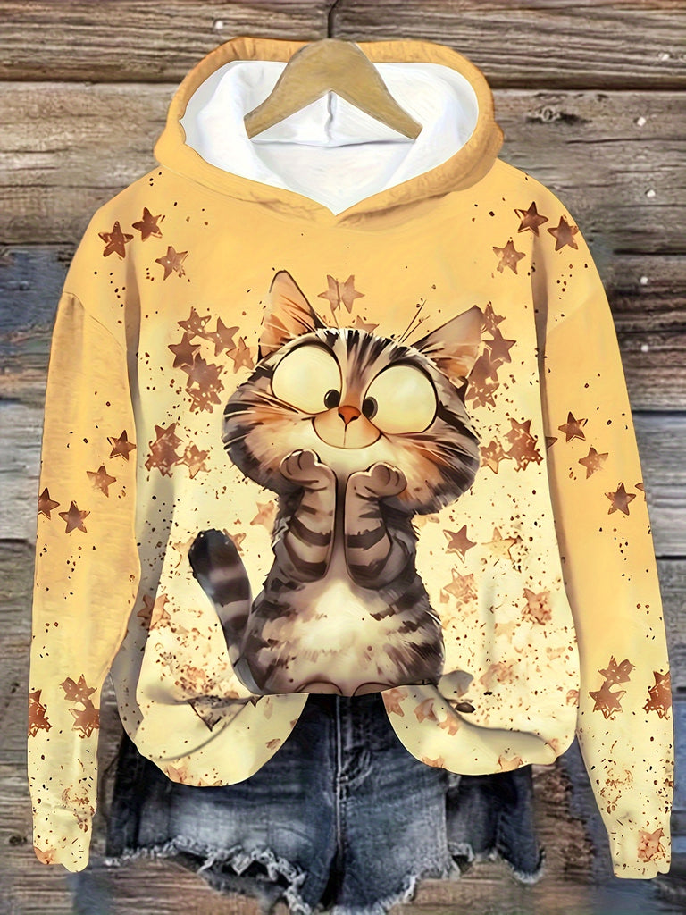 Chic Cat Print Hoodie for Women - Casual Long Sleeve Pullover, Machine Washable, Polyester Blend